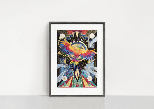 Phoenix painting, explosion of colours, mythical creature
