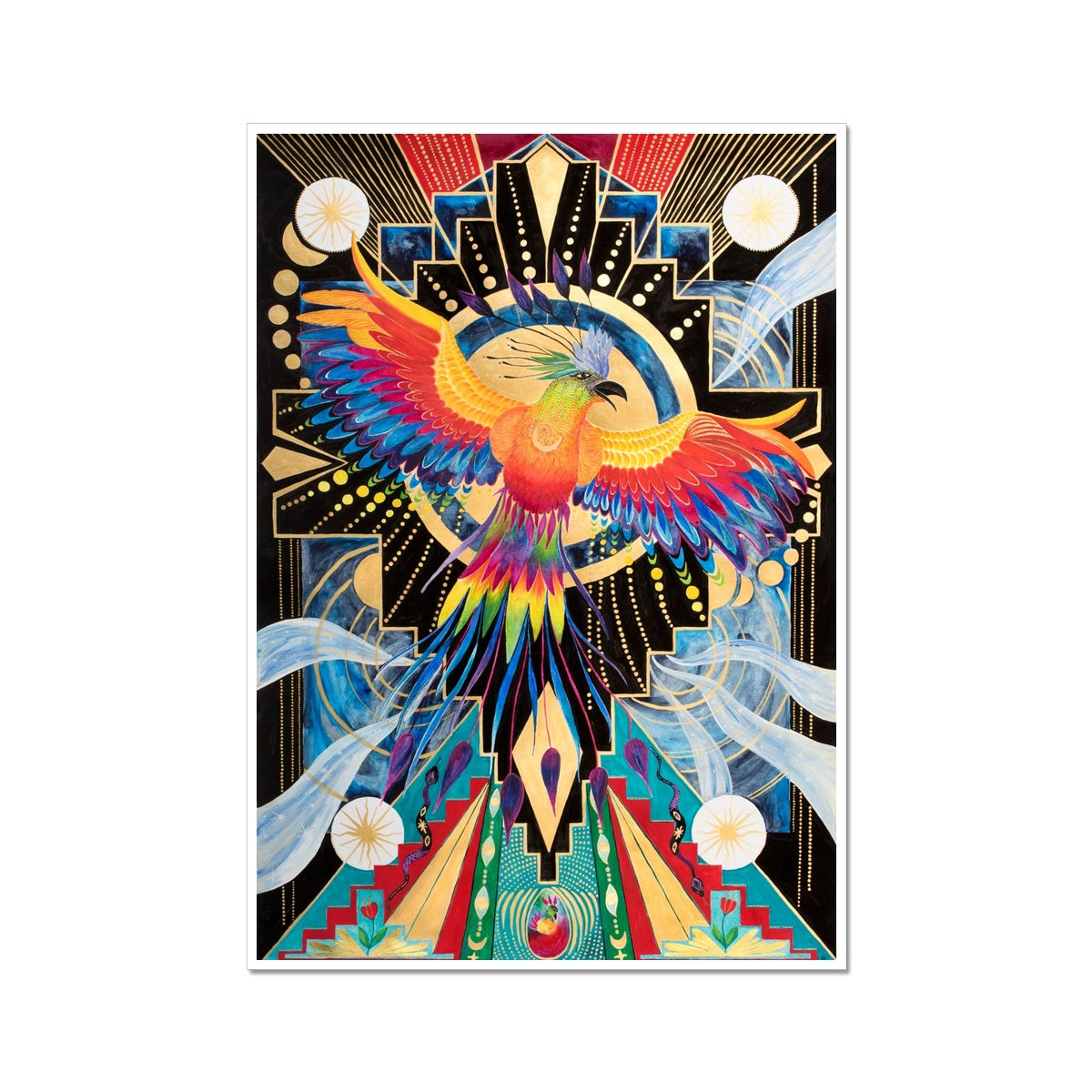 Print of a painting with a Phoenix and lots of geometrical designs. Gold, black, and multicolours. Phoenix with spread wings, moon and stars. laurateodoriart