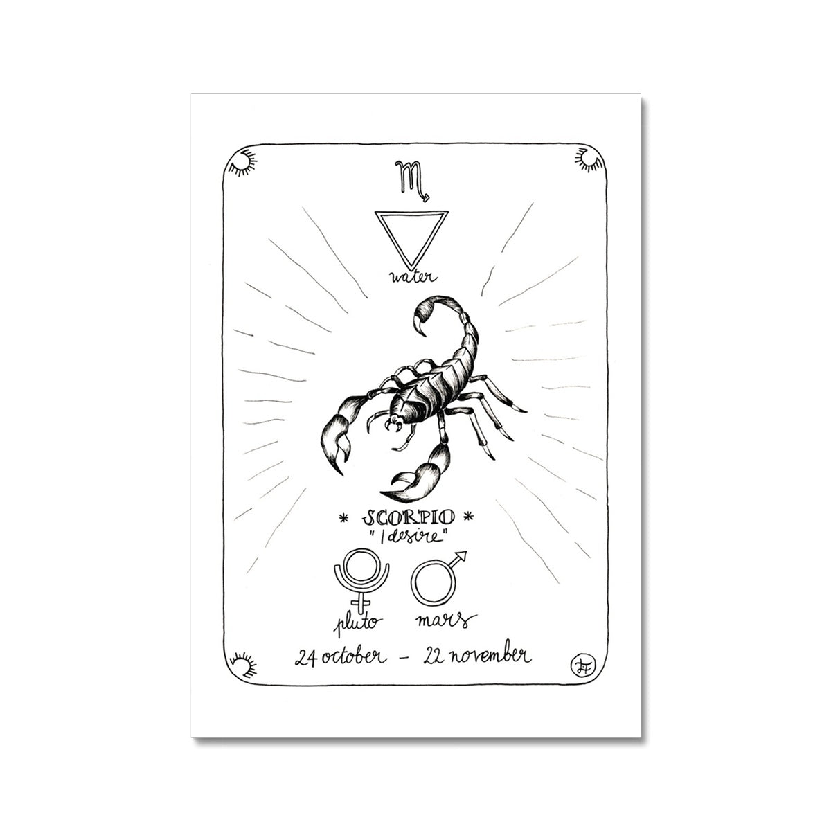 scorpio star sign, zodiac sign, dainty illustration in black ink, symbol of element water, symbols of planets mars and pluto, dates 24 october - 22 november, illustration of scorpion in the center, laurateodoriart