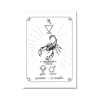 scorpio star sign, zodiac sign, dainty illustration in black ink, symbol of element water, symbols of planets mars and pluto, dates 24 october - 22 november, illustration of scorpion in the center, laurateodoriart