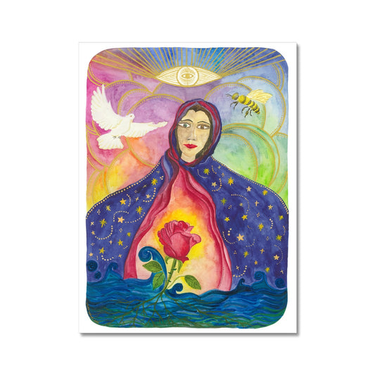 Painting of Mary-Magdalene, every colour of the rainbow, dove, bee, her in the center with a blue coat wit stars, and a rose. Water and roots on the bottom. Eye of consciousness in gold on the top. laurateodoriart