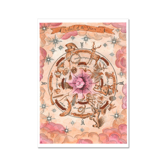 Celtic wheel of the year in pink hues watercolour with lots of animals and symbols for the different sabbat and festivities. Which calendar, wicca, pagan, divine feminine cycles