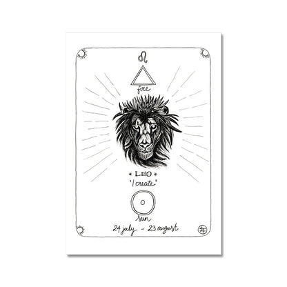 Leo, star sign, zodiac sign, head of a Lion in the middle, symbol of element fire, symbol of sun, dates 24 july - 23 august, black ink illustration, simple yet mystical, laurateodoriart