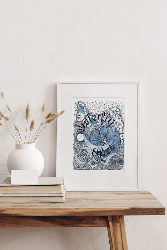 Butterfly effect art, limited edition print, blue ink, geometry symbols, nature symbols, butterfly symbol, compass symbol, monochrome, home decor, wall art, dainty