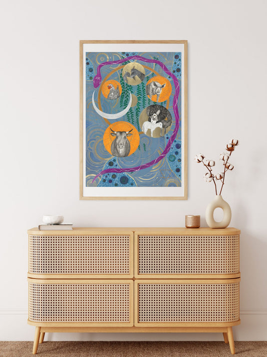 Forgotten Goddesses painting, Cow, Sheep, Swine, Goat, Chicken, mystical snake, blue colours, crescent moon, other worlds, artwork, laurateodoriart, kundalini snake, lots of circles, path for other dimensions with palnets, mystical art, spiritual art