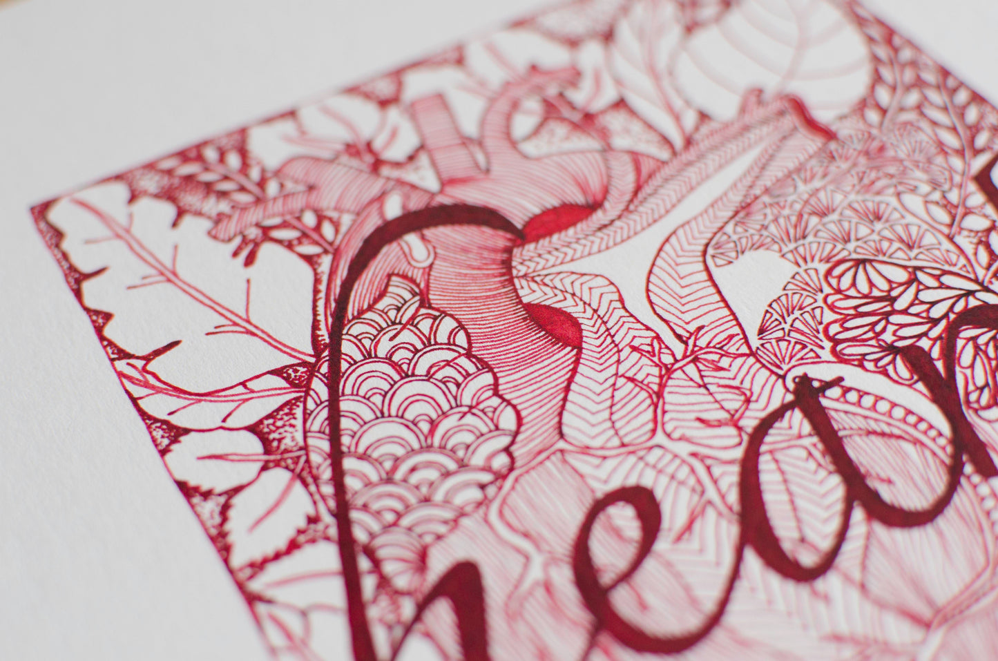 heart written in the middle in red ink, drawing of a biological heart in the background with lots of leaves, dainty patterns, and dotted art, laurateodoriart