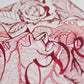 Lover written in the middle in red ink, behind drawing of pattern, biological heart, leaves, roots, and the kiss of two lips kissing each other, laurateodoriart
