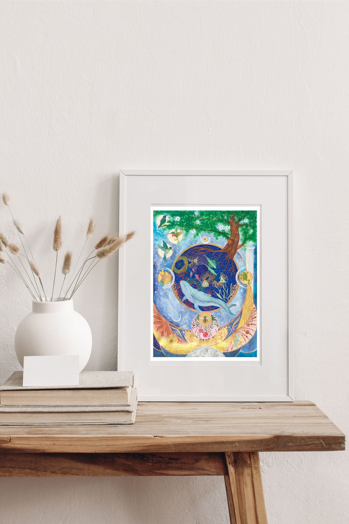 Manifestation of connection fine art print, in a frame. depicted a dreamy atmosphere with whale, bee, colibri and the ocean