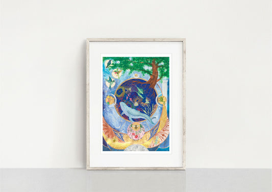 Manifestation of connection fine art print, in a frame. depicted a dreamy atmosphere with whale, bee, colibri and the ocean