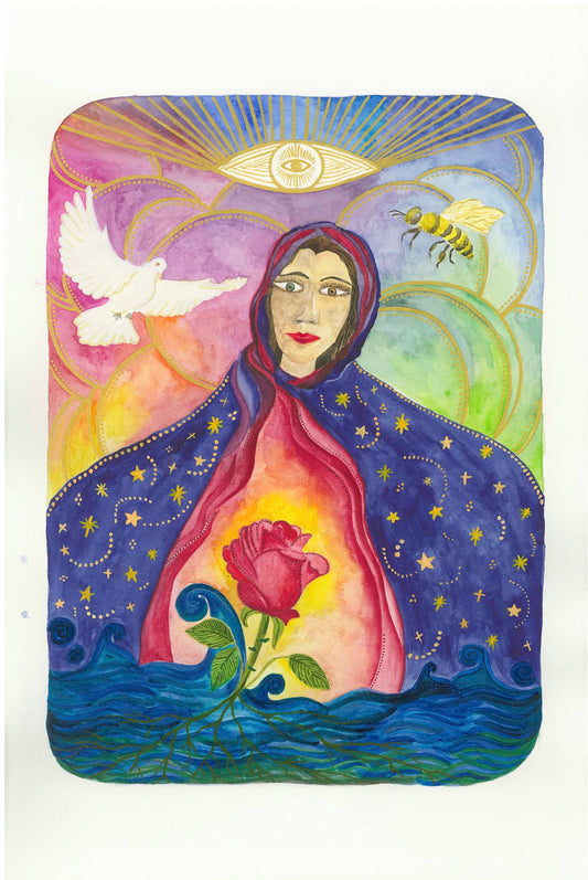 Marie-Madeleine painting, spiritual art, dove, bee, rose, lineage of the rose, third eye opening art, rainbow colours, laurateodoriart