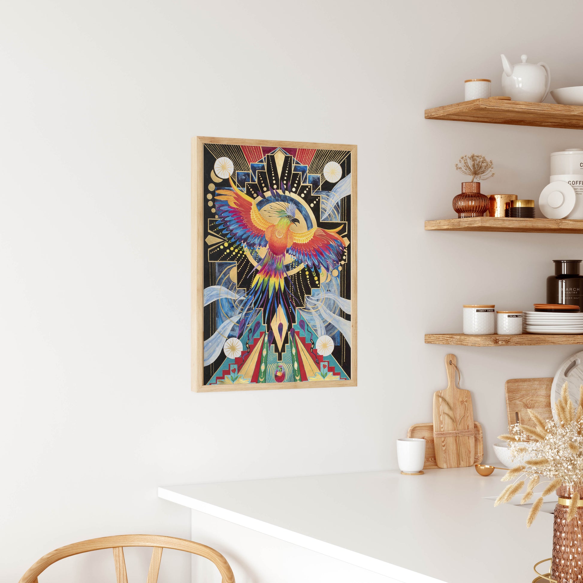 Mock-up picture of a painting, Phoenix with a lot of colours and a geometrical structure. Black, gold, on the bottom a pyramid structure with two snakes, a little egg with a new phoenix inside. beams of sky coming from Phoenix. Lots of golden dots. laurateodoriart