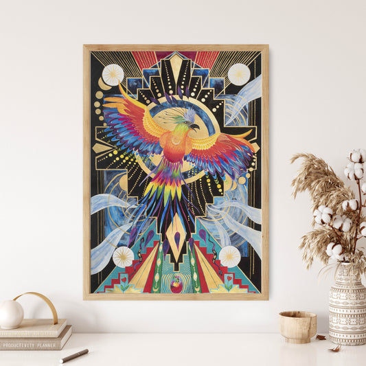 Mock-up picture of a painting, Phoenix with a lot of colours and a geometrical structure. Black, gold, on the bottom a pyramid structure with two snakes, a little egg with a new phoenix inside. beams of sky coming from Phoenix. Lots of golden dots. laurateodoriart