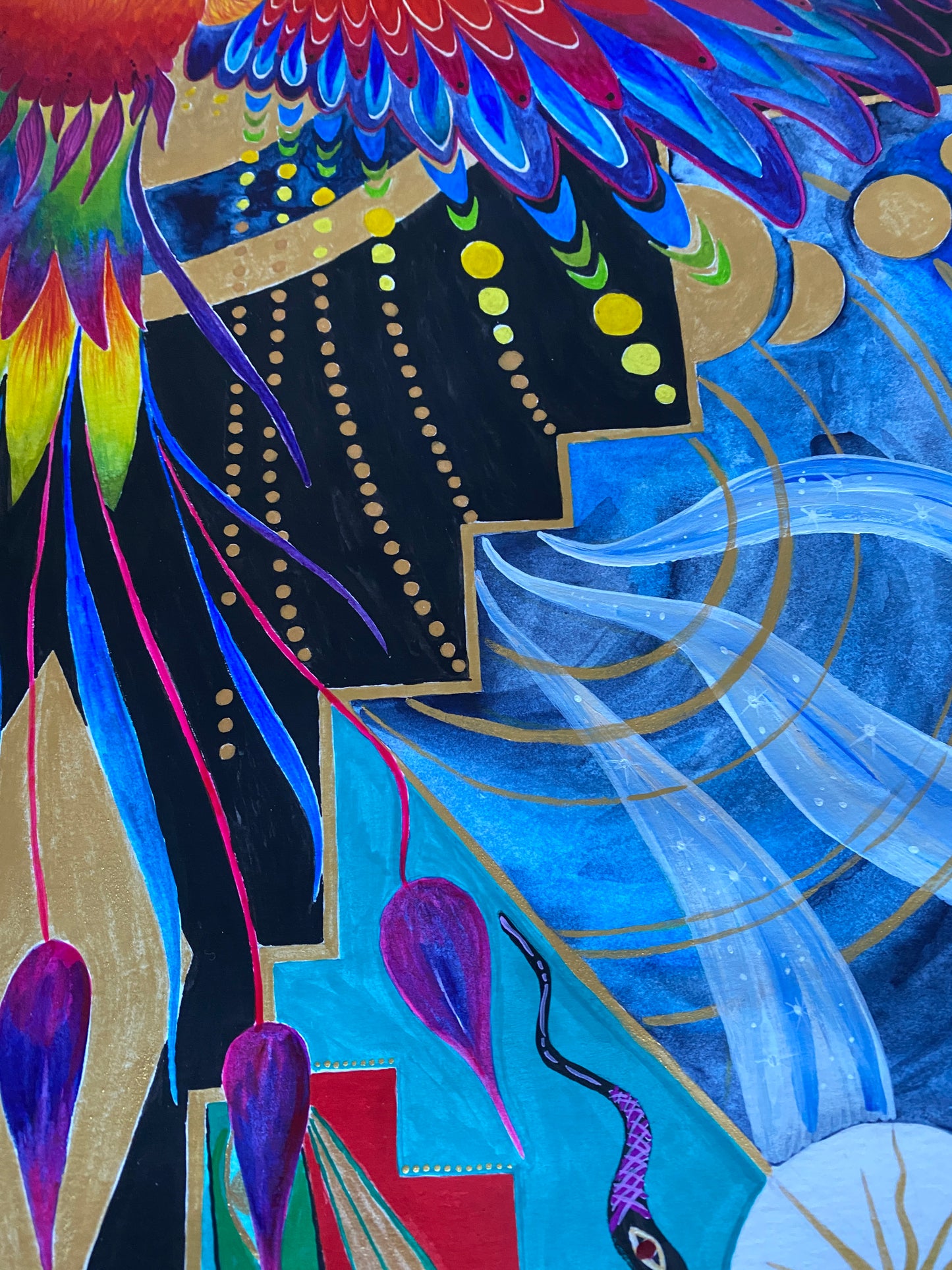 Detail of a painting, Phoenix with a lot of colours and a geometrical structure. Black, gold, on the bottom a pyramid structure with two snakes, a little egg with a new phoenix inside. beams of sky coming from Phoenix. Lots of golden dots. laurateodoriart