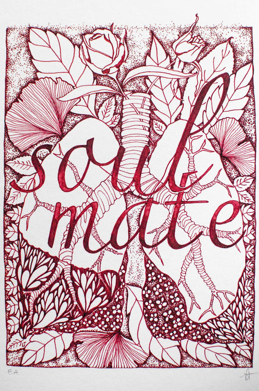 Soulmate written in the middle, in the backround dainty illustration of lungs with flowers and leaves, red ink, pattern, gynko leaves, dotted art, laurateodoriart
