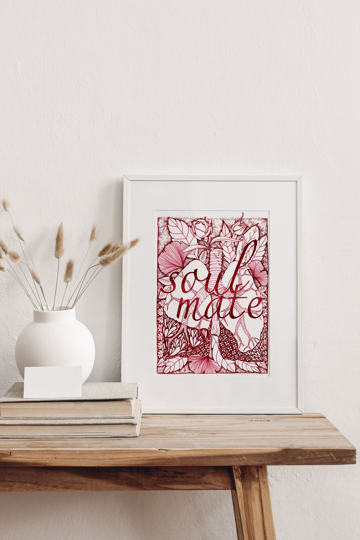 Soulmate written in the middle, in the backround dainty illustration of lungs with flowers and leaves, red ink, pattern, gynko leaves, dotted art, laurateodoriart