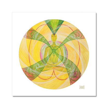Watercolour painting of Abundance, vibration of Abundance, human in lotus position in the middle, energy lines coming towards the center and going out, yellow, green colours, opening of consciousness, flow of energy