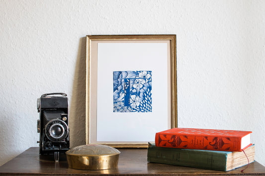 Limited Edition Print of Monogram F, letter print, blue ink, floral, insects details, enluminure, miniature, laurateodoriart