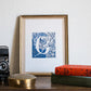 Limited Edition Print of Monogram G, letter print, blue ink, floral, insects details, enluminure, miniature, laurateodoriart
