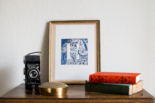 Limited Edition Print of Monogram H, letter print, blue ink, floral, insects details, enluminure, miniature, laurateodoriart