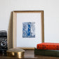 Limited Edition Print of Monogram I, letter print, blue ink, floral, insects details, enluminure, miniature, laurateodoriart