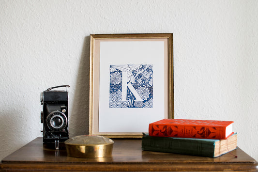Limited Edition Print of Monogram K, letter print, blue ink, floral, insects details, enluminure, miniature, laurateodoriart