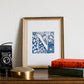 Limited Edition Print of Monogram N, letter print, blue ink, floral, insects details, enluminure, miniature, laurateodoriart
