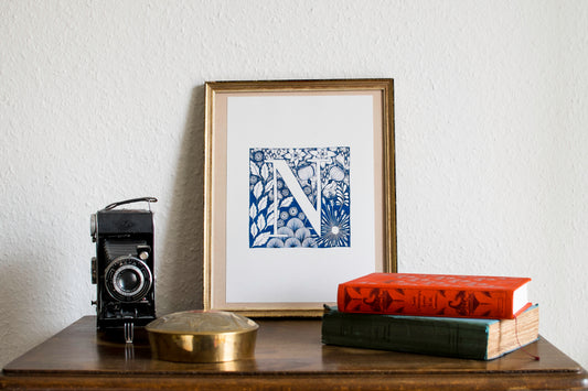 Limited Edition Print of Monogram N, letter print, blue ink, floral, insects details, enluminure, miniature, laurateodoriart