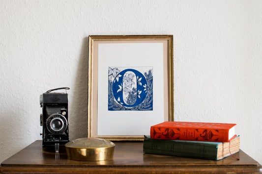 Limited Edition Print of Monogram O, letter print, blue ink, floral, insects details, enluminure, miniature, laurateodoriart