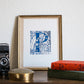 Limited Edition Print of Monogram P, letter print, blue ink, floral, insects details, enluminure, miniature, laurateodoriart