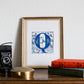 Limited Edition Print of Monogram Q, letter print, blue ink, floral, insects details, enluminure, miniature, laurateodoriart