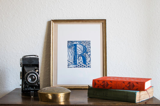 Limited Edition Print of Monogram R, letter print, blue ink, floral, insects details, enluminure, miniature, laurateodoriart