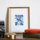 Limited Edition Print of Monogram S, letter print, blue ink, floral, insects details, enluminure, miniature, laurateodoriart