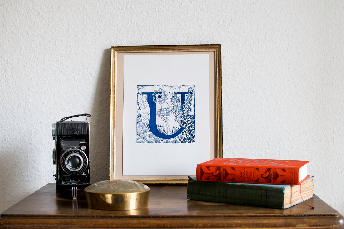 Limited Edition Print of Monogram U, letter print, blue ink, floral, insects details, enluminure, miniature, laurateodoriart