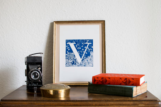 Limited Edition Print of Monogram V, letter print, blue ink, floral, insects details, enluminure, miniature, laurateodoriart