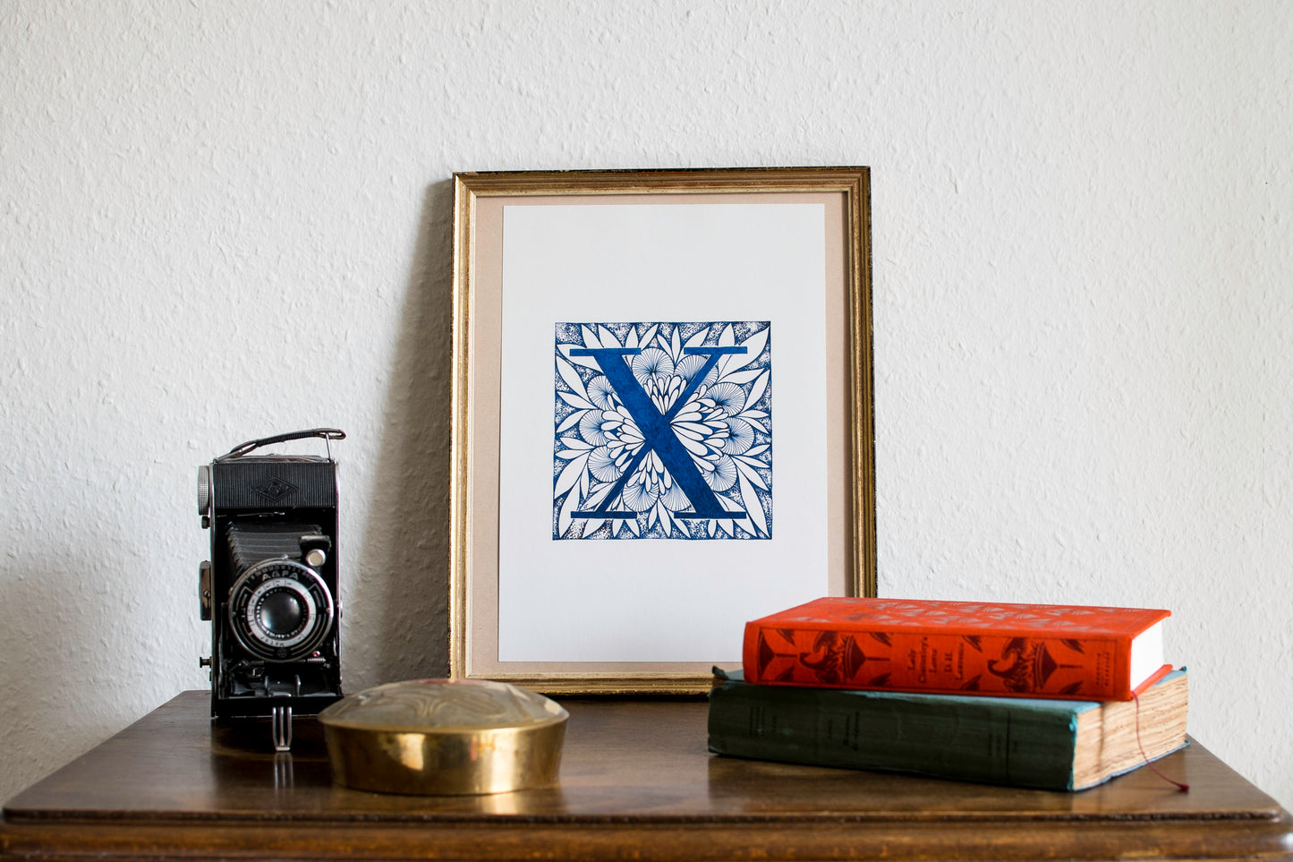 Limited Edition Print of Monogram X, letter print, blue ink, floral, insects details, enluminure, miniature, laurateodoriart