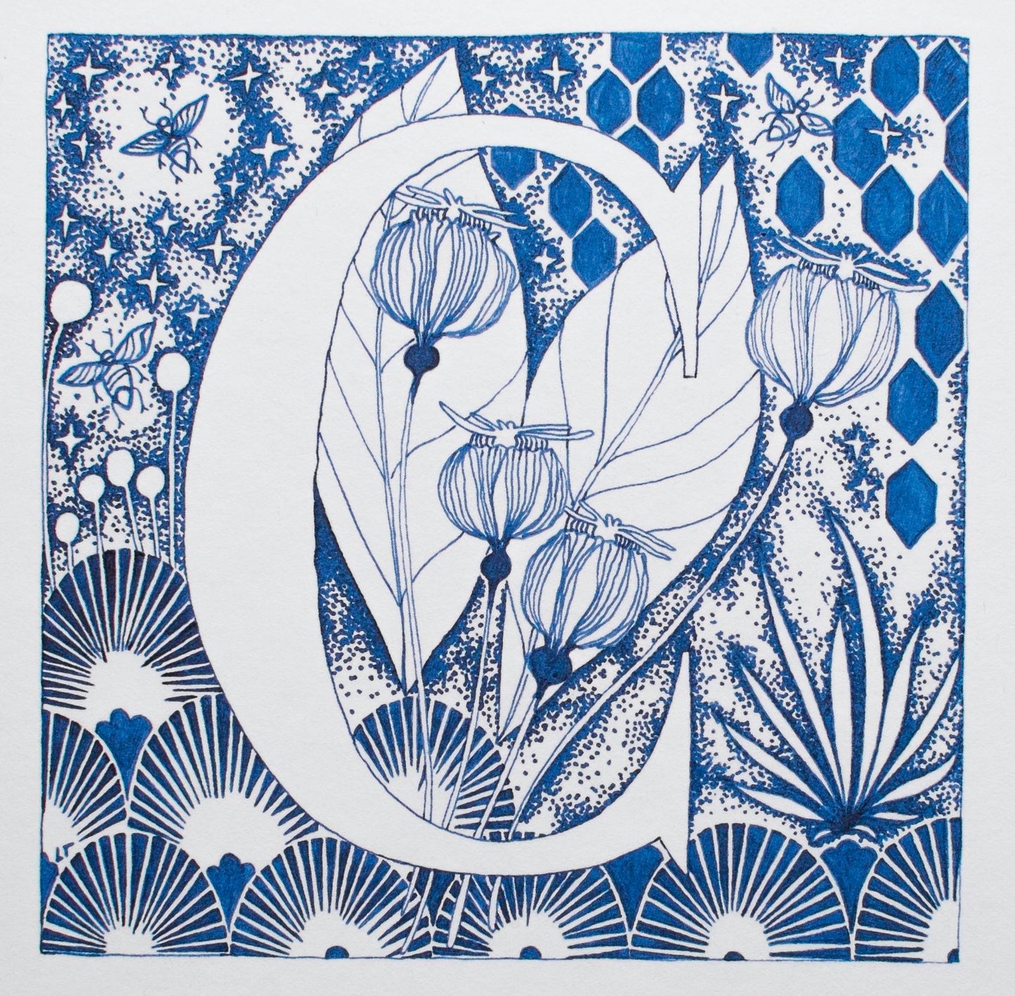 Limited Edition Print of Monogram C, letter print, blue ink, floral, insects details, enluminure, miniature, laurateodoriart