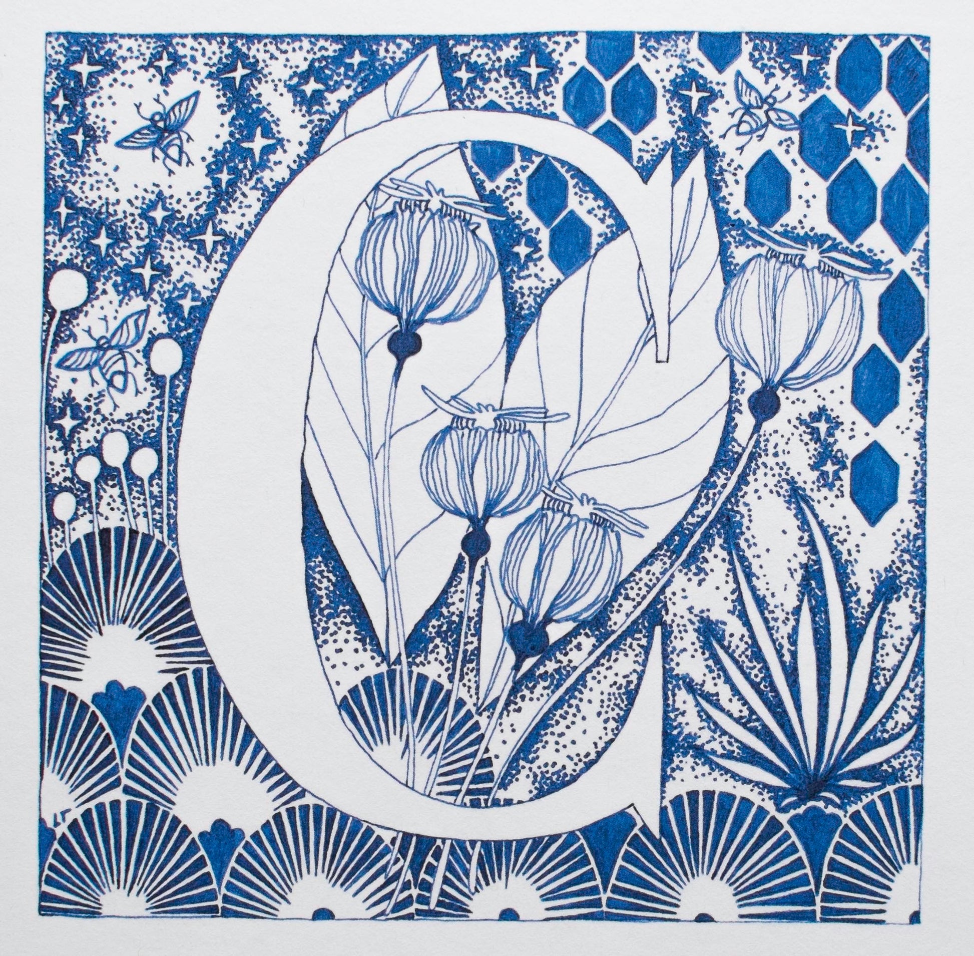Limited Edition Print of Monogram C, letter print, blue ink, floral, insects details, enluminure, miniature, laurateodoriart