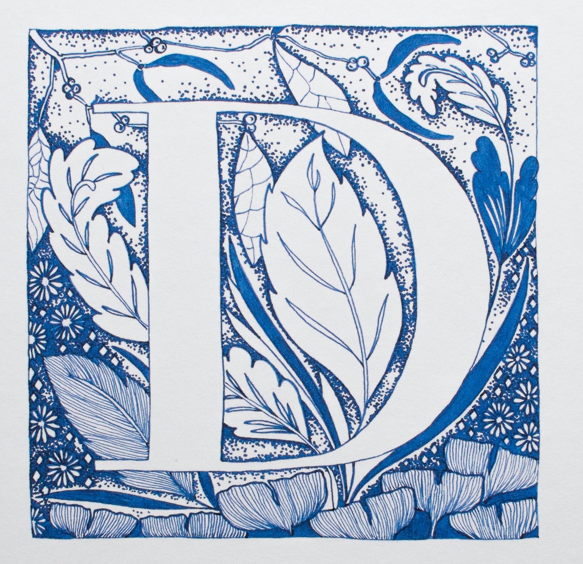 Limited Edition Print of Monogram D, letter print, blue ink, floral, insects details, enluminure, miniature, laurateodoriart