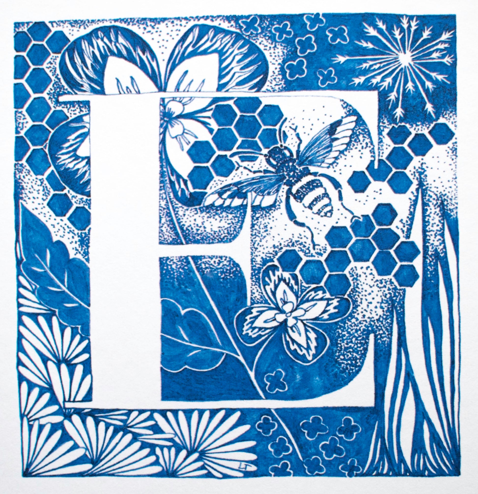 Limited Edition Print of Monogram E, letter print, blue ink, floral, insects details, enluminure, miniature, laurateodoriart