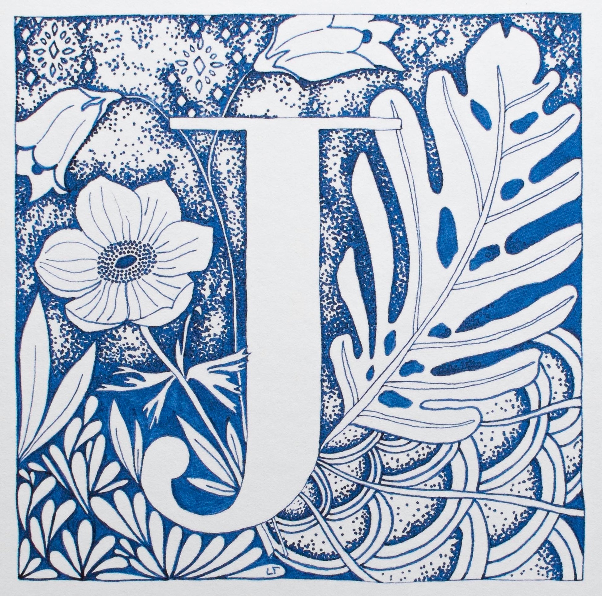 Limited Edition Print of Monogram J, letter print, blue ink, floral, insects details, enluminure, miniature, laurateodoriart
