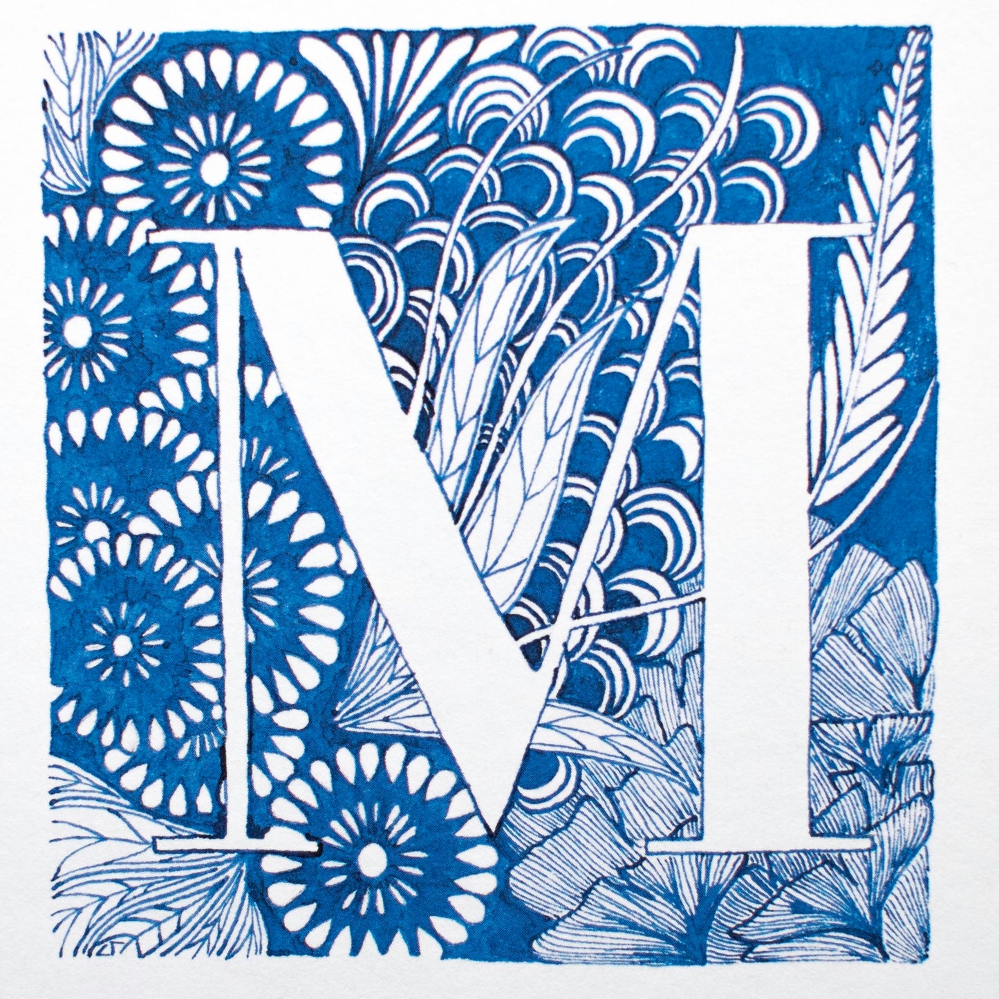 Limited Edition Print of Monogram M, letter print, blue ink, floral, insects details, enluminure, miniature, laurateodoriart
