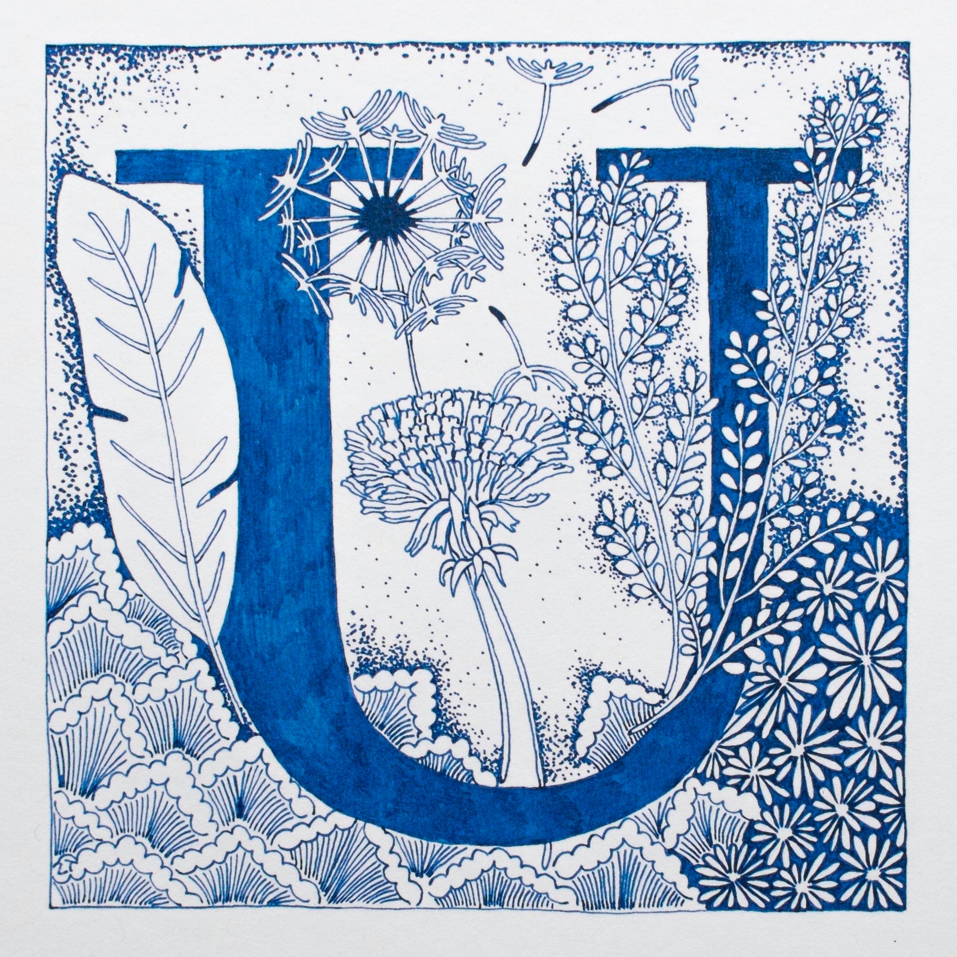 Limited Edition Print of Monogram U, letter print, blue ink, floral, insects details, enluminure, miniature, laurateodoriart