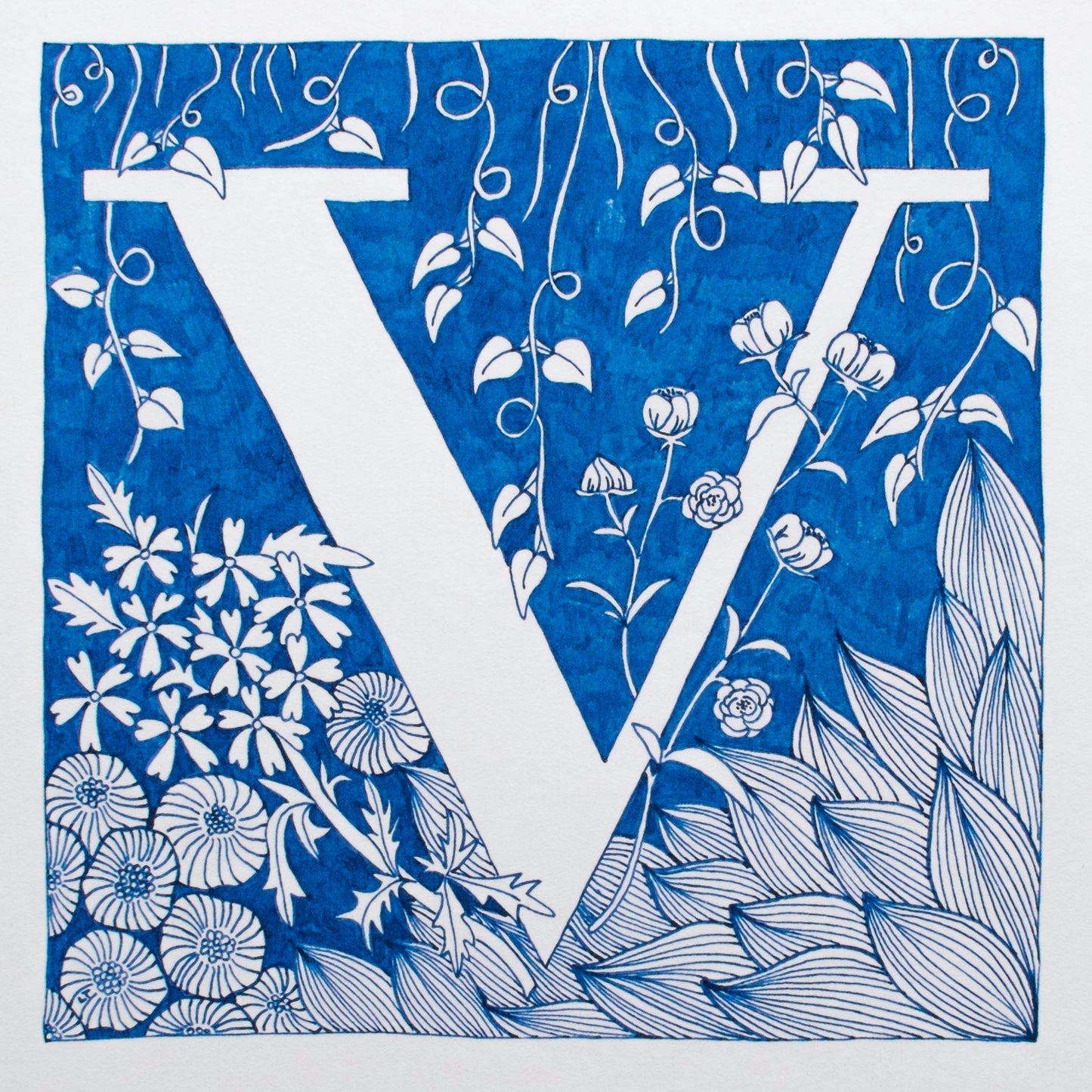 Limited Edition Print of Monogram V, letter print, blue ink, floral, insects details, enluminure, miniature, laurateodoriart