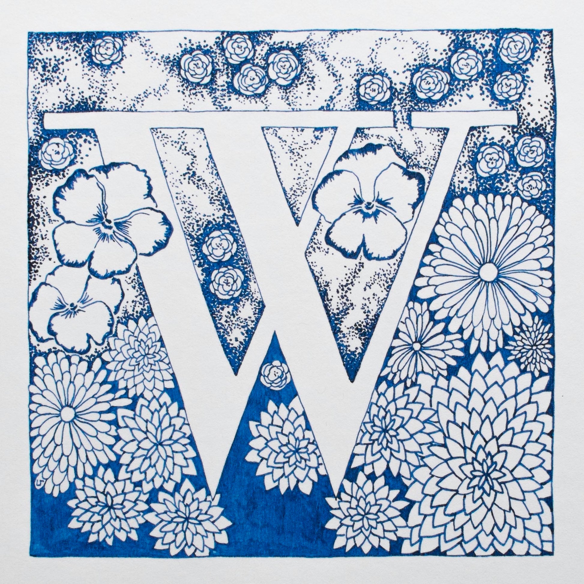 Limited Edition Print of Monogram W, letter print, blue ink, floral, insects details, enluminure, miniature, laurateodoriart