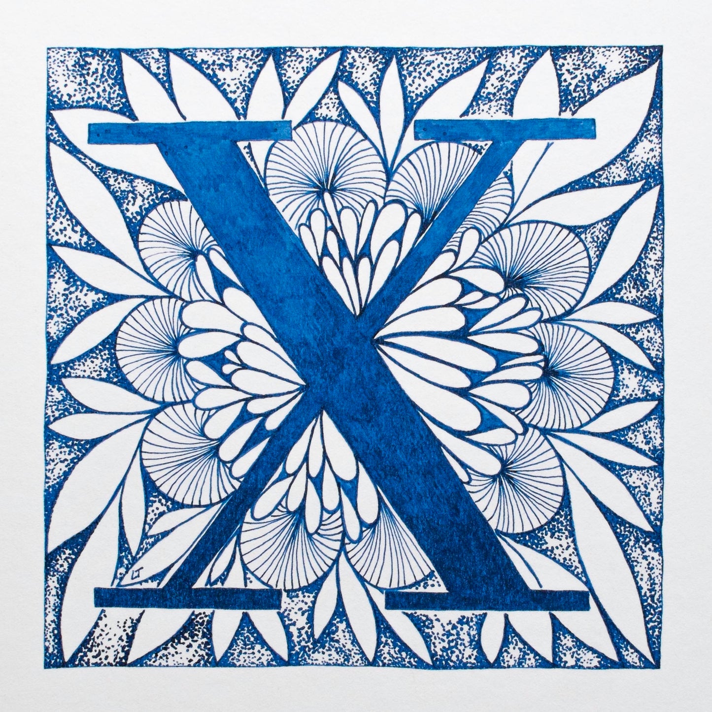 Limited Edition Print of Monogram X, letter print, blue ink, floral, insects details, enluminure, miniature, laurateodoriart