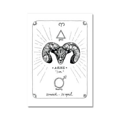 Aries, zodiac sign, star sign, symbols of element fire, symbol of planet mars, dates 21 march - 20 april, illustration in black ink, simple yet mystical, laurateodoriart