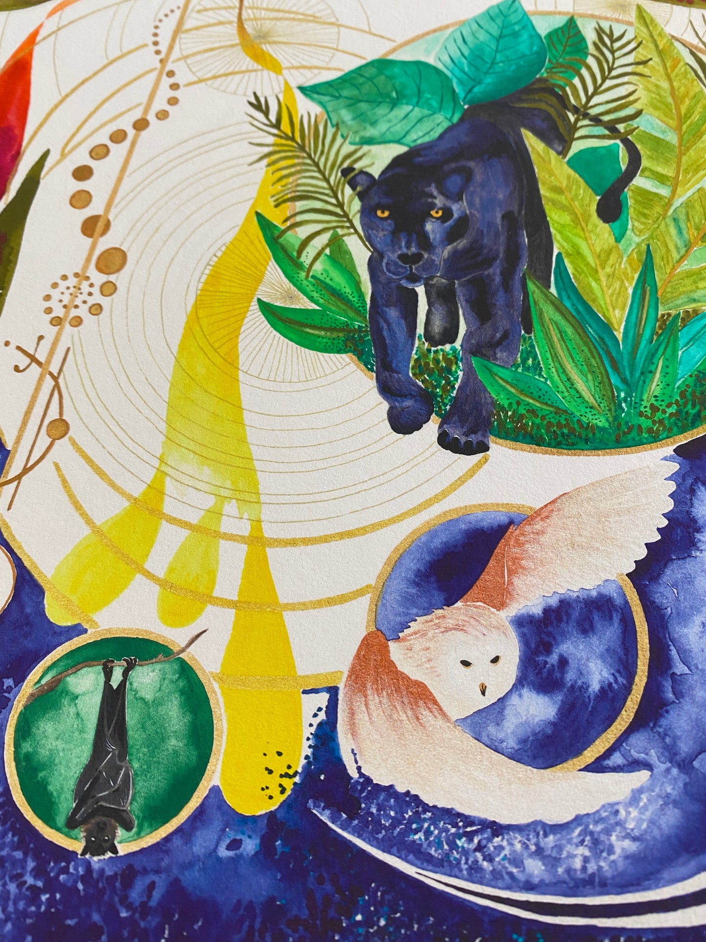 fine art print of a watercolour painting with panther, Egyptian beetle, owl and bat representing the path into our shadows